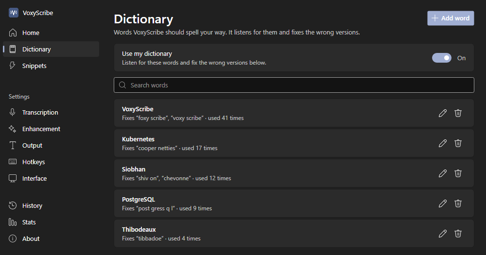 The Dictionary page listing words such as Kubernetes and Siobhan, each with the wrong versions it fixes.