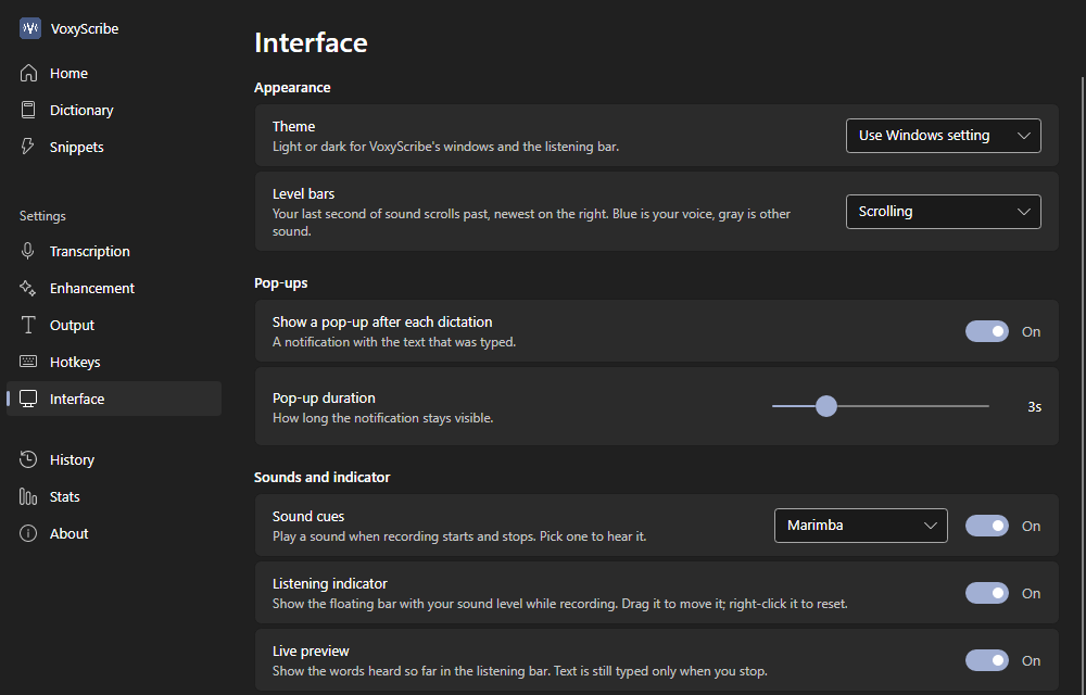 The Interface settings page: theme, level bar style, pop-ups, sound cues, and live preview.